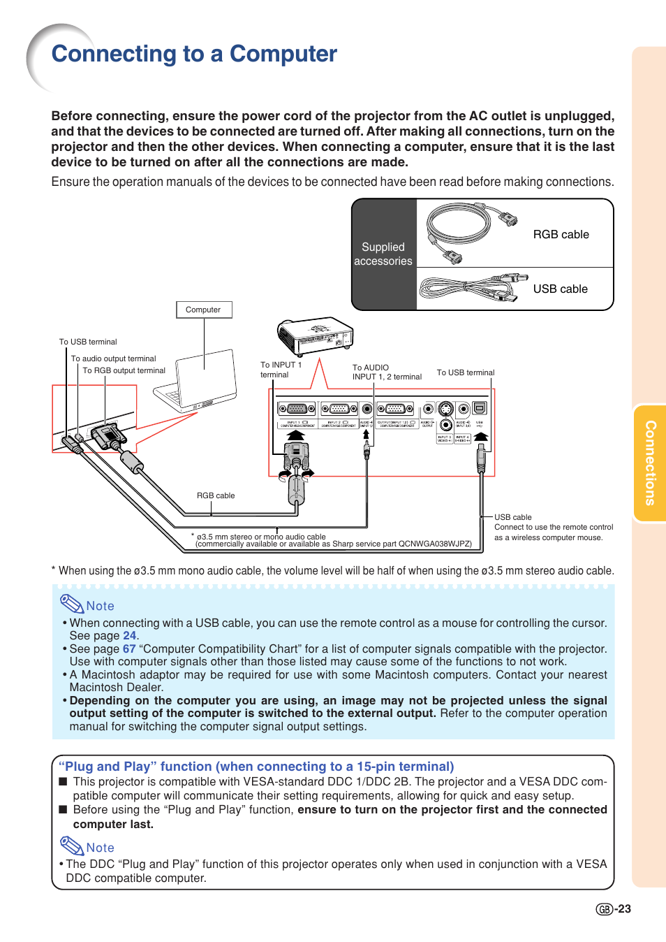 Connecting to a computer, Connections | Sharp PG-MB60X User Manual | Page 27 / 78