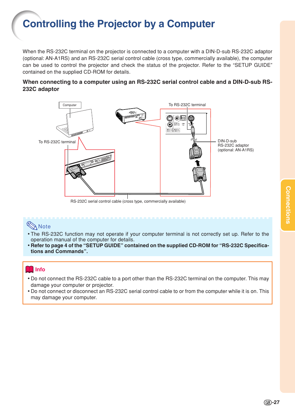 Controlling the projector by a computer, Connections | Sharp PG-MB60X User Manual | Page 31 / 78