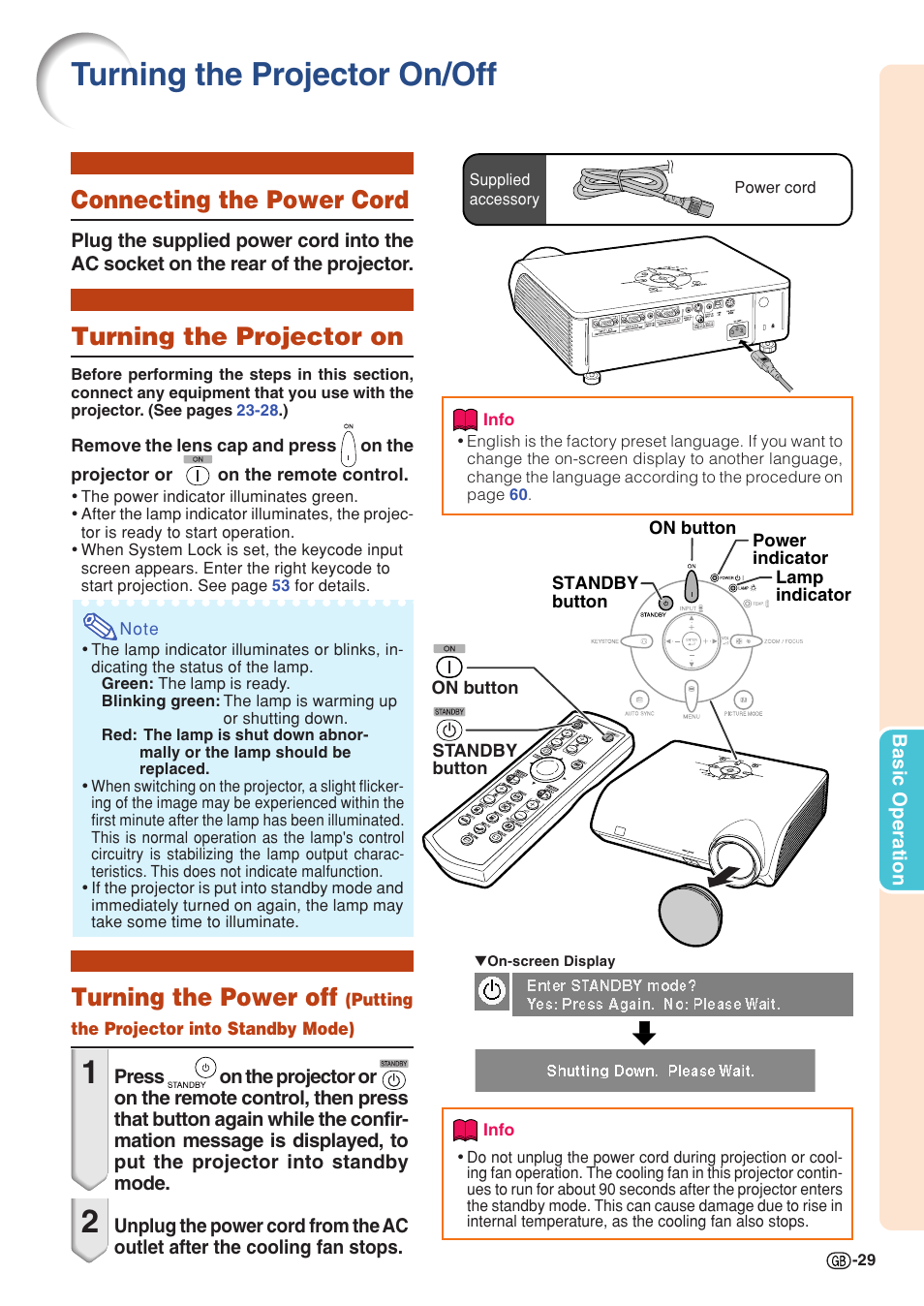 Turning the projector on/off, Connecting the power cord, Turning the projector on | Turning the power off | Sharp PG-MB60X User Manual | Page 33 / 78