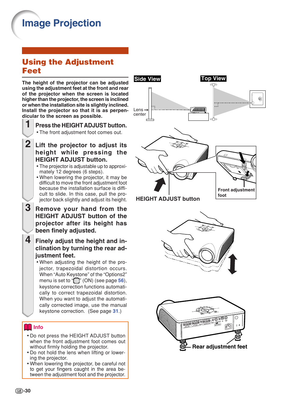 Image projection, Using the adjustment feet | Sharp PG-MB60X User Manual | Page 34 / 78