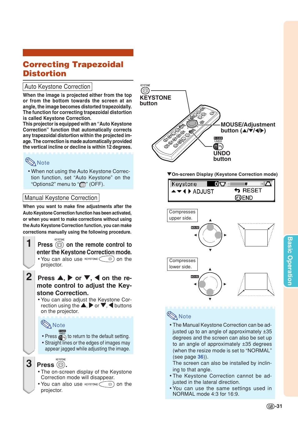 Correcting trapezoidal distortion | Sharp PG-MB60X User Manual | Page 35 / 78