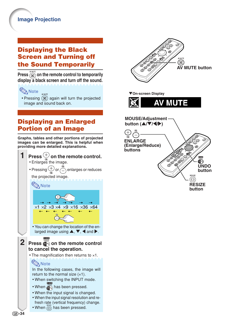 Displaying an enlarged portion of an image, Image projection | Sharp PG-MB60X User Manual | Page 38 / 78