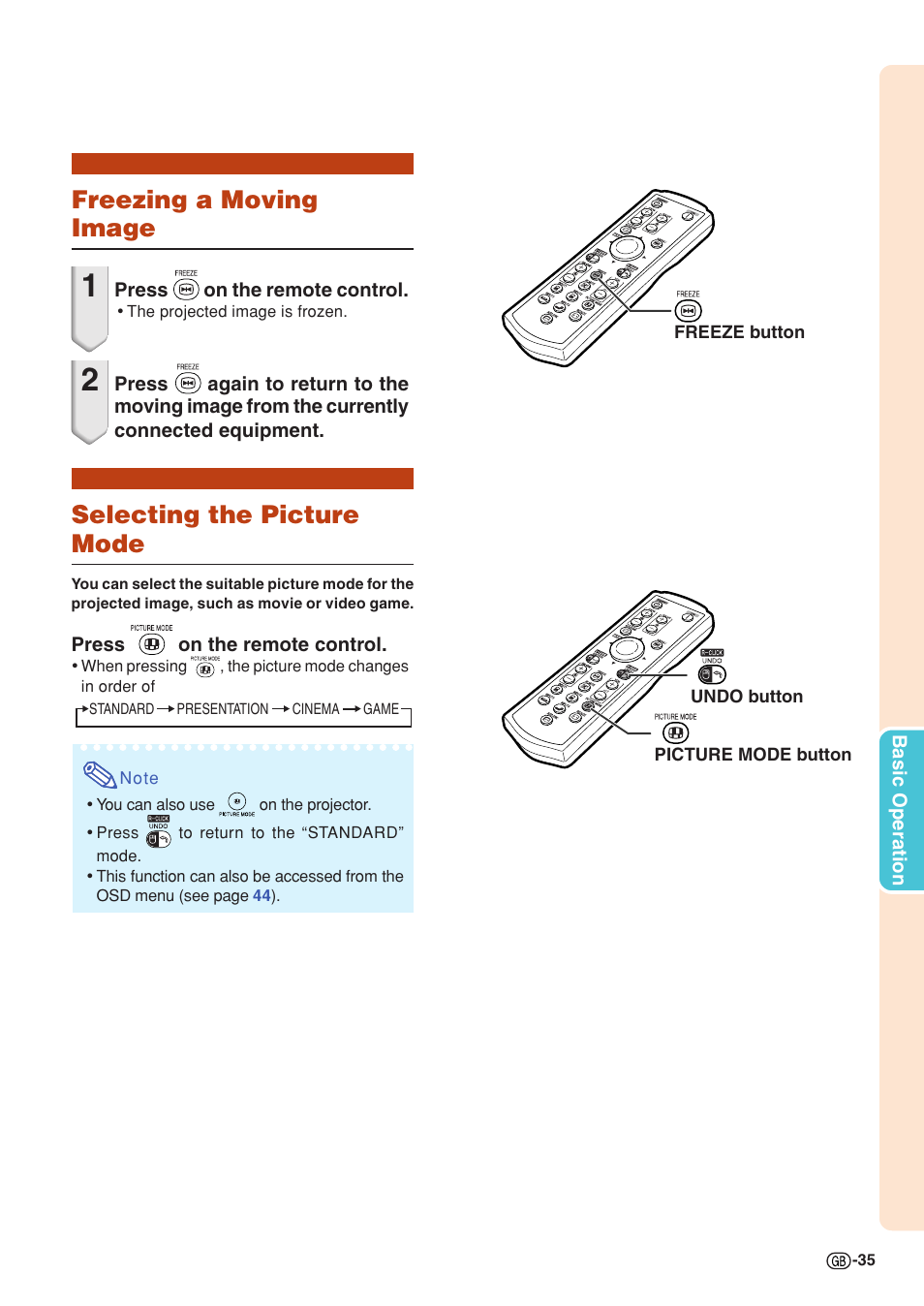 Freezing a moving image, Selecting the picture mode | Sharp PG-MB60X User Manual | Page 39 / 78
