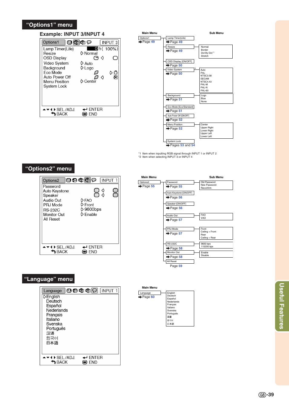 Useful features, Options1” menu “language” menu “options2” menu, Example: input 3/input 4 | Sharp PG-MB60X User Manual | Page 43 / 78