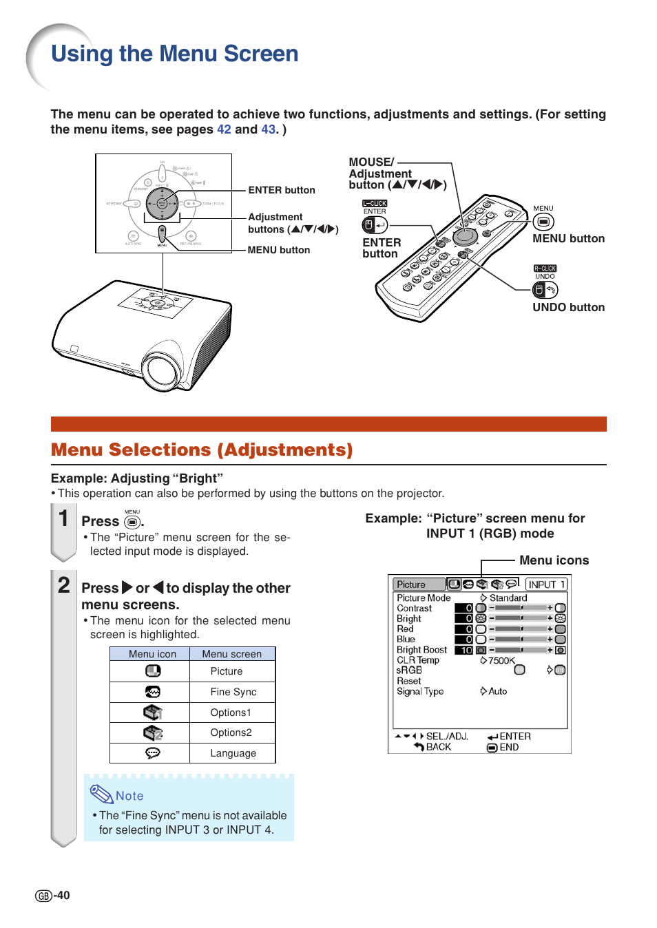 Using the menu screen, Menu selections (adjustments) | Sharp PG-MB60X User Manual | Page 44 / 78