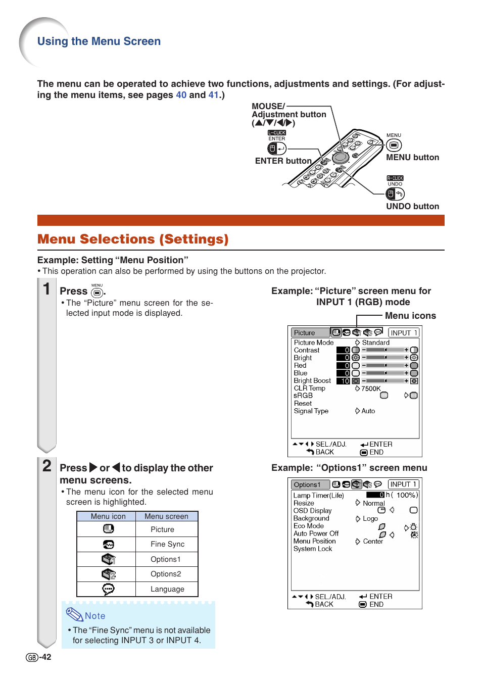 Menu selections (settings), Using the menu screen | Sharp PG-MB60X User Manual | Page 46 / 78