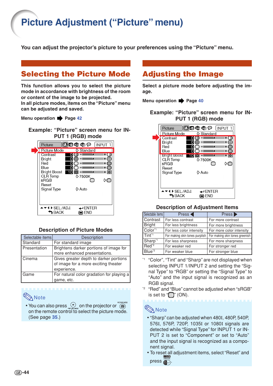 Picture adjustment (“picture” menu), Selecting the picture mode, Adjusting the image | Sharp PG-MB60X User Manual | Page 48 / 78