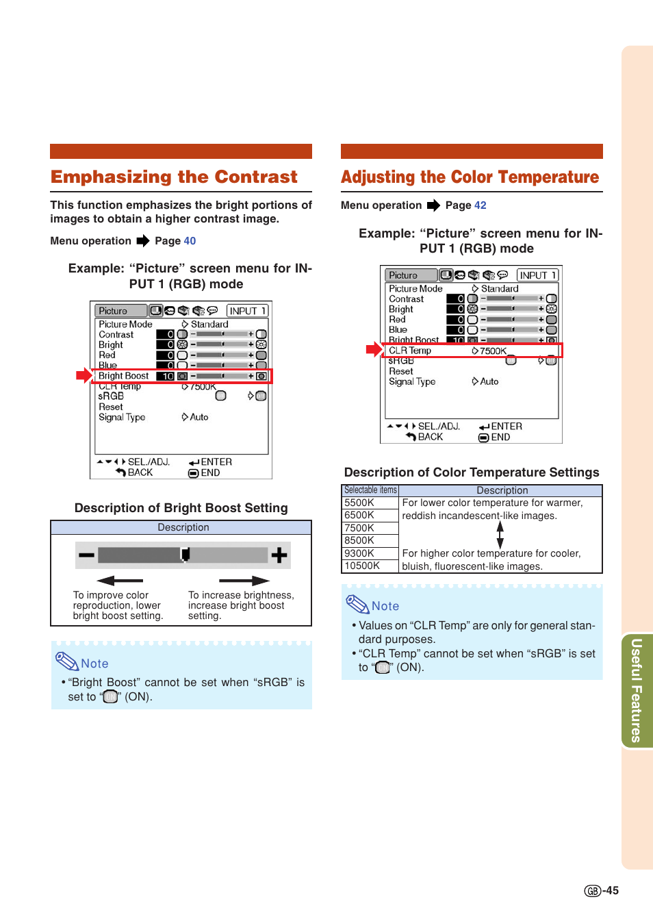 Emphasizing the contrast, Adjusting the color temperature, Useful features | Sharp PG-MB60X User Manual | Page 49 / 78