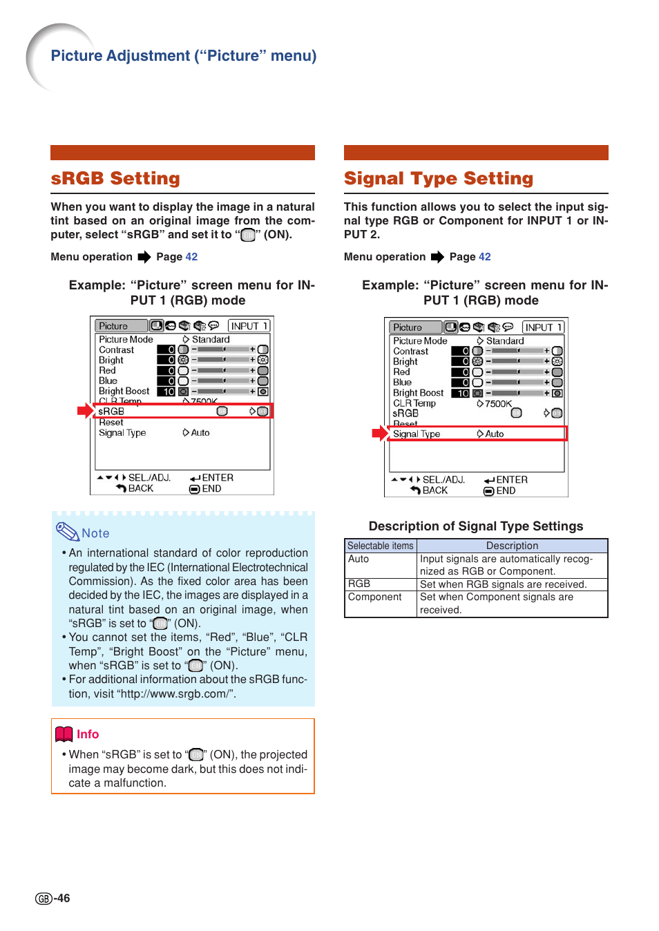 Srgb setting, Signal type setting, Picture adjustment (“picture” menu) | Sharp PG-MB60X User Manual | Page 50 / 78