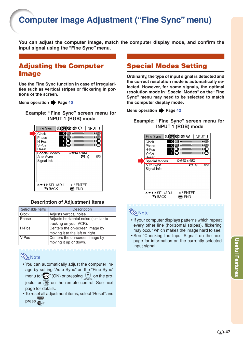 Computer image adjustment (“fine sync” menu), Adjusting the computer image, Special modes setting | Sharp PG-MB60X User Manual | Page 51 / 78