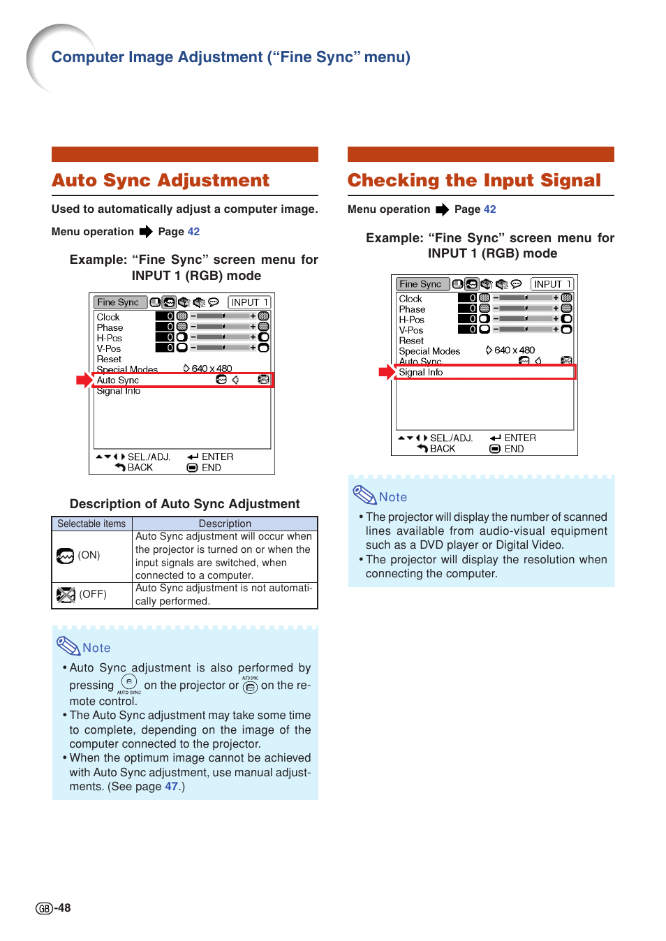 Auto sync adjustment, Checking the input signal, Computer image adjustment (“fine sync” menu) | Sharp PG-MB60X User Manual | Page 52 / 78