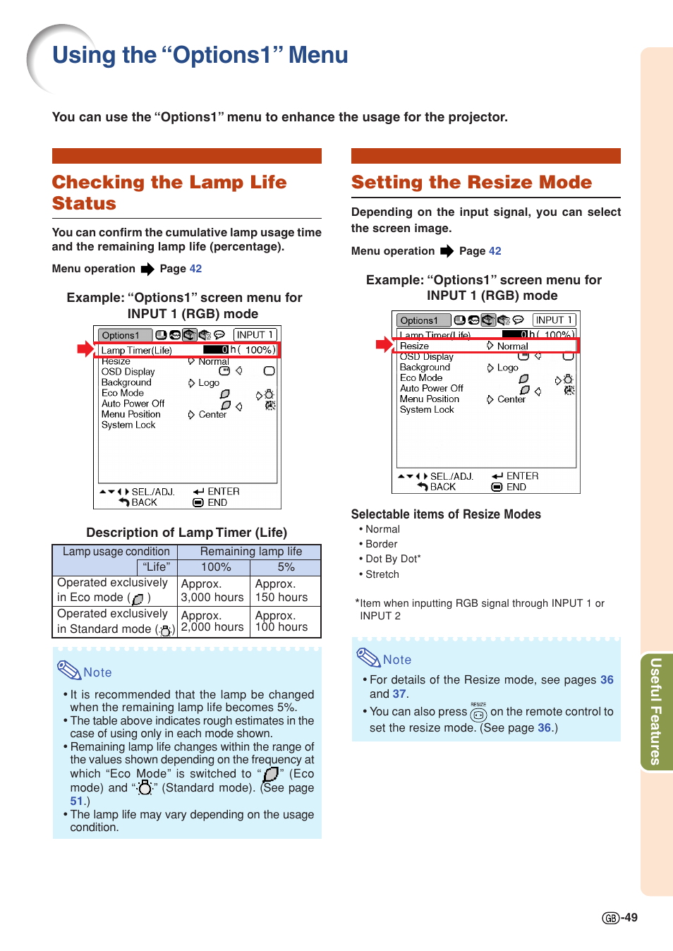 Using the “options1” menu, Checking the lamp life status, Setting the resize mode | Sharp PG-MB60X User Manual | Page 53 / 78