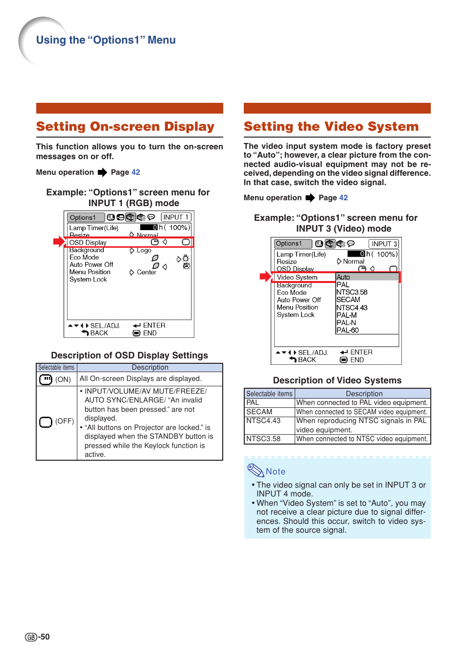 Setting the video system, Setting on-screen display, Using the “options1” menu | Sharp PG-MB60X User Manual | Page 54 / 78