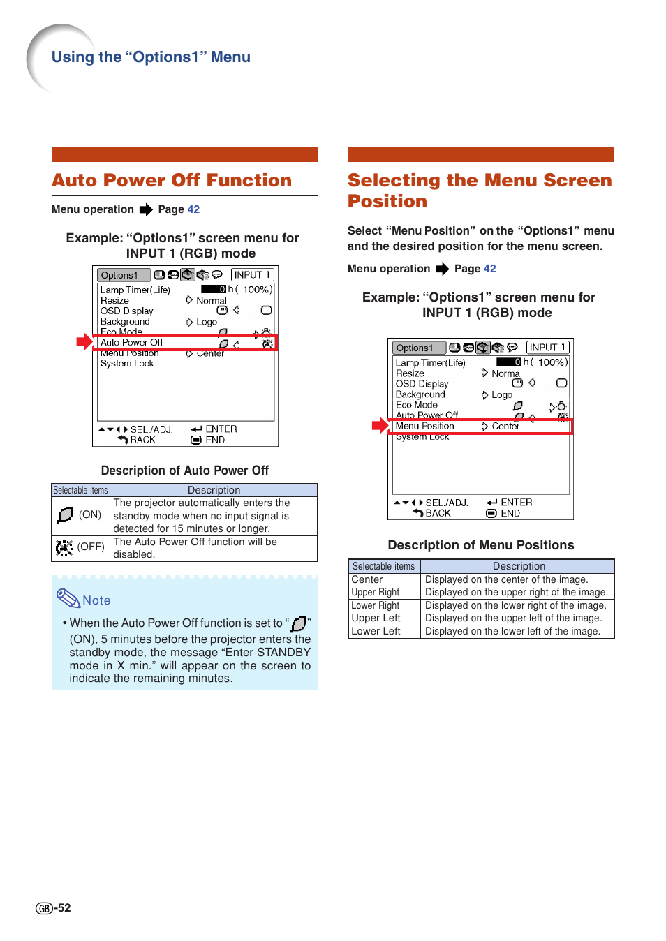 Auto power off function, Selecting the menu screen position, Using the “options1” menu | Sharp PG-MB60X User Manual | Page 56 / 78