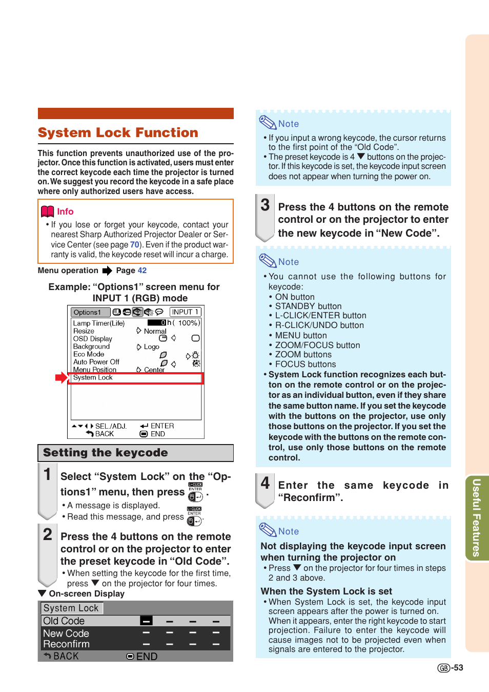 System lock function, Setting the keycode | Sharp PG-MB60X User Manual | Page 57 / 78
