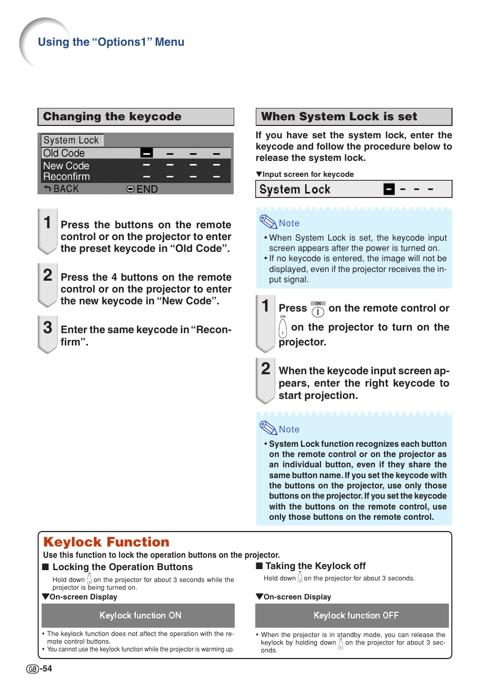 Keylock function, Changing the keycode, When system lock is set | Using the “options1” menu | Sharp PG-MB60X User Manual | Page 58 / 78
