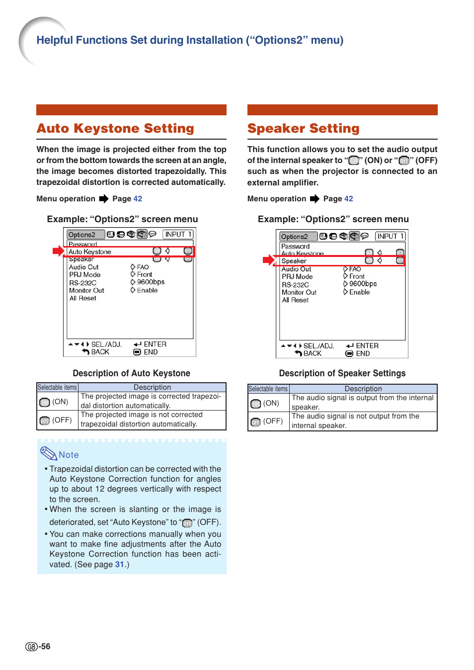 Auto keystone setting, Speaker setting | Sharp PG-MB60X User Manual | Page 60 / 78