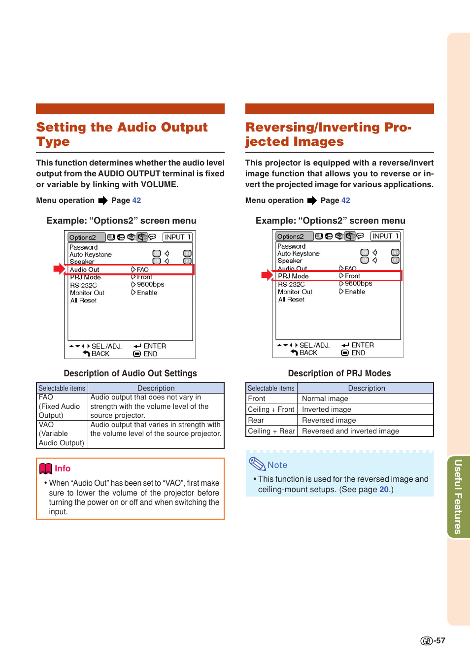 Setting the audio output type, Reversing/inverting pro- jected images, Useful features | Sharp PG-MB60X User Manual | Page 61 / 78