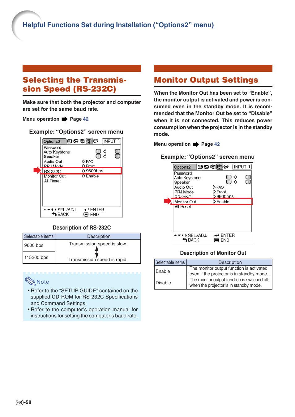 Selecting the transmis- sion speed (rs-232c), Monitor output settings | Sharp PG-MB60X User Manual | Page 62 / 78