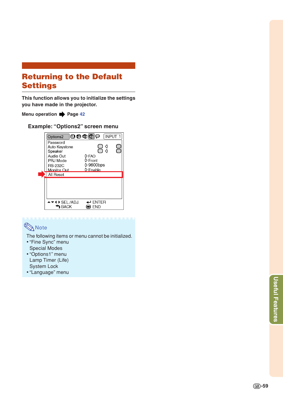 Returning to the default settings | Sharp PG-MB60X User Manual | Page 63 / 78