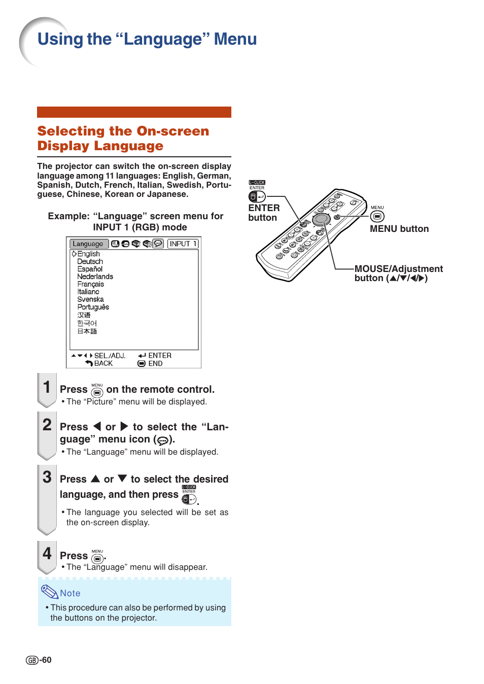 Using the “language” menu, Selecting the on-screen display language | Sharp PG-MB60X User Manual | Page 64 / 78