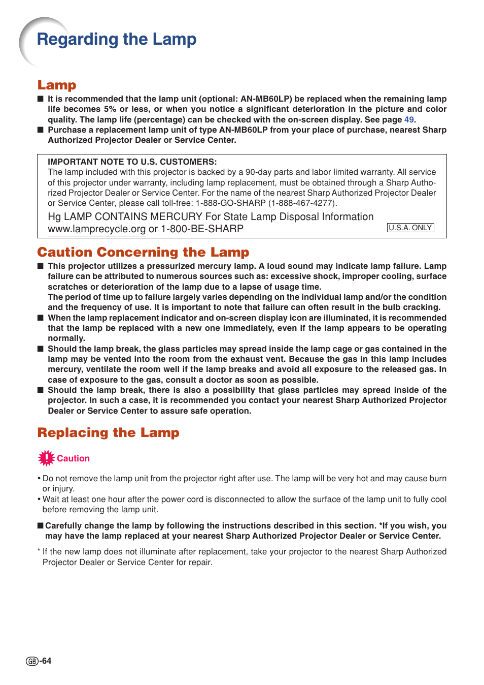 Regarding the lamp, Lamp, Caution concerning the lamp | Replacing the lamp | Sharp PG-MB60X User Manual | Page 68 / 78