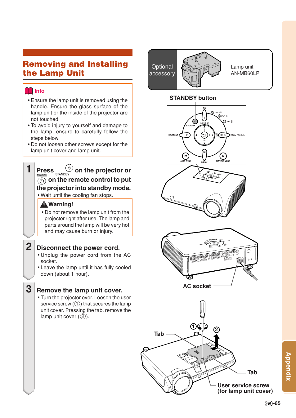 Removing and installing the lamp unit | Sharp PG-MB60X User Manual | Page 69 / 78