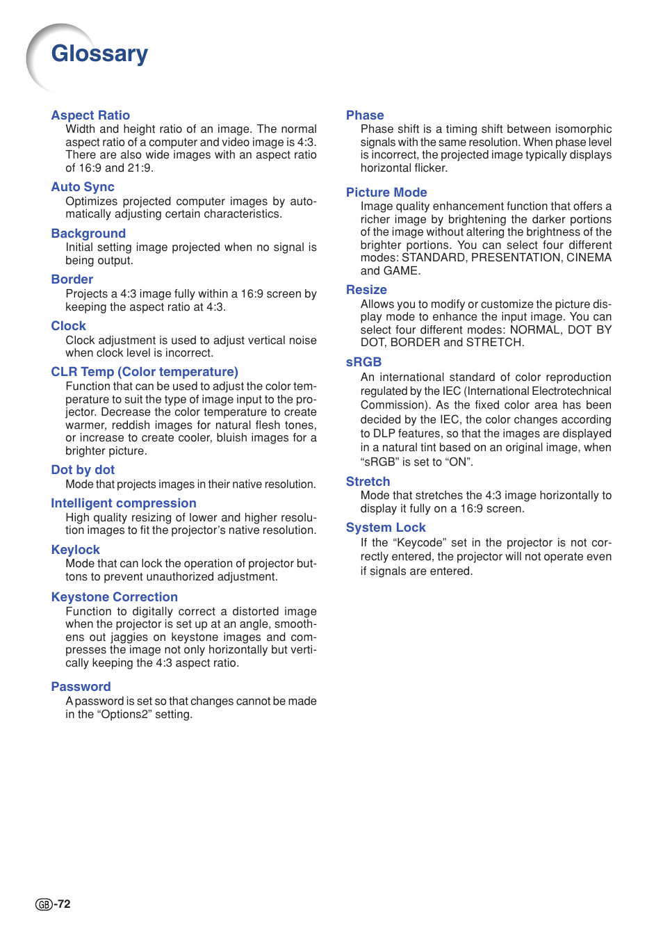 Glossary | Sharp PG-MB60X User Manual | Page 76 / 78