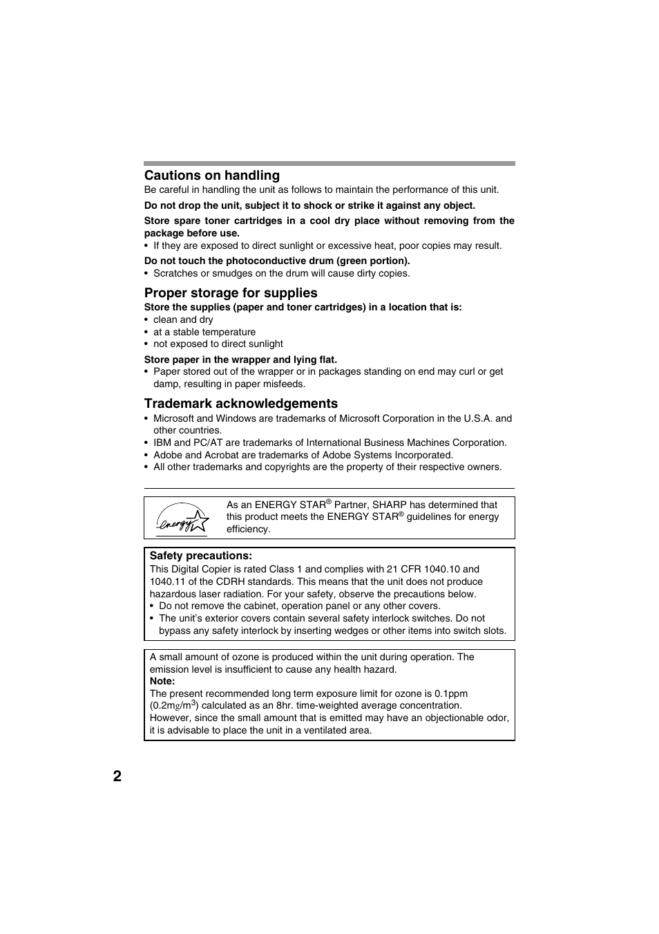 Cautions on handling, Proper storage for supplies, Trademark acknowledgements | Sharp AR-157E User Manual | Page 4 / 84
