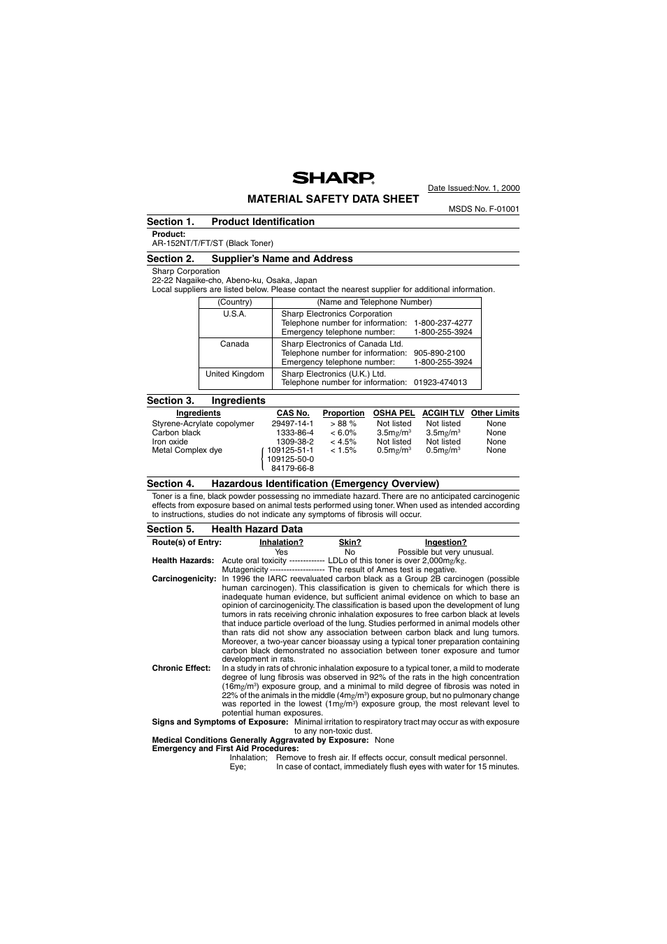 Material safety data sheet | Sharp AR-157E User Manual | Page 79 / 84