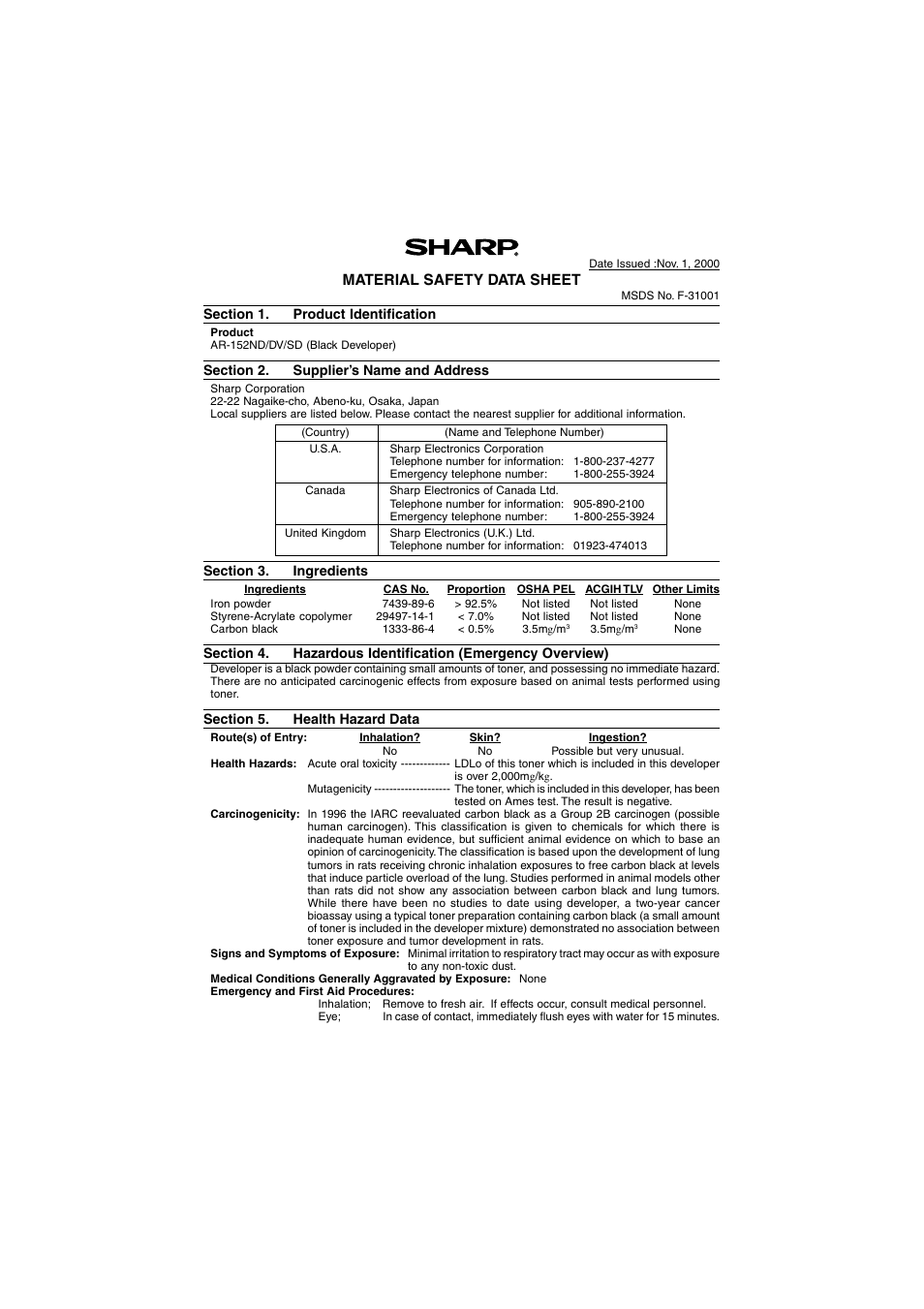 Material safety data sheet | Sharp AR-157E User Manual | Page 81 / 84