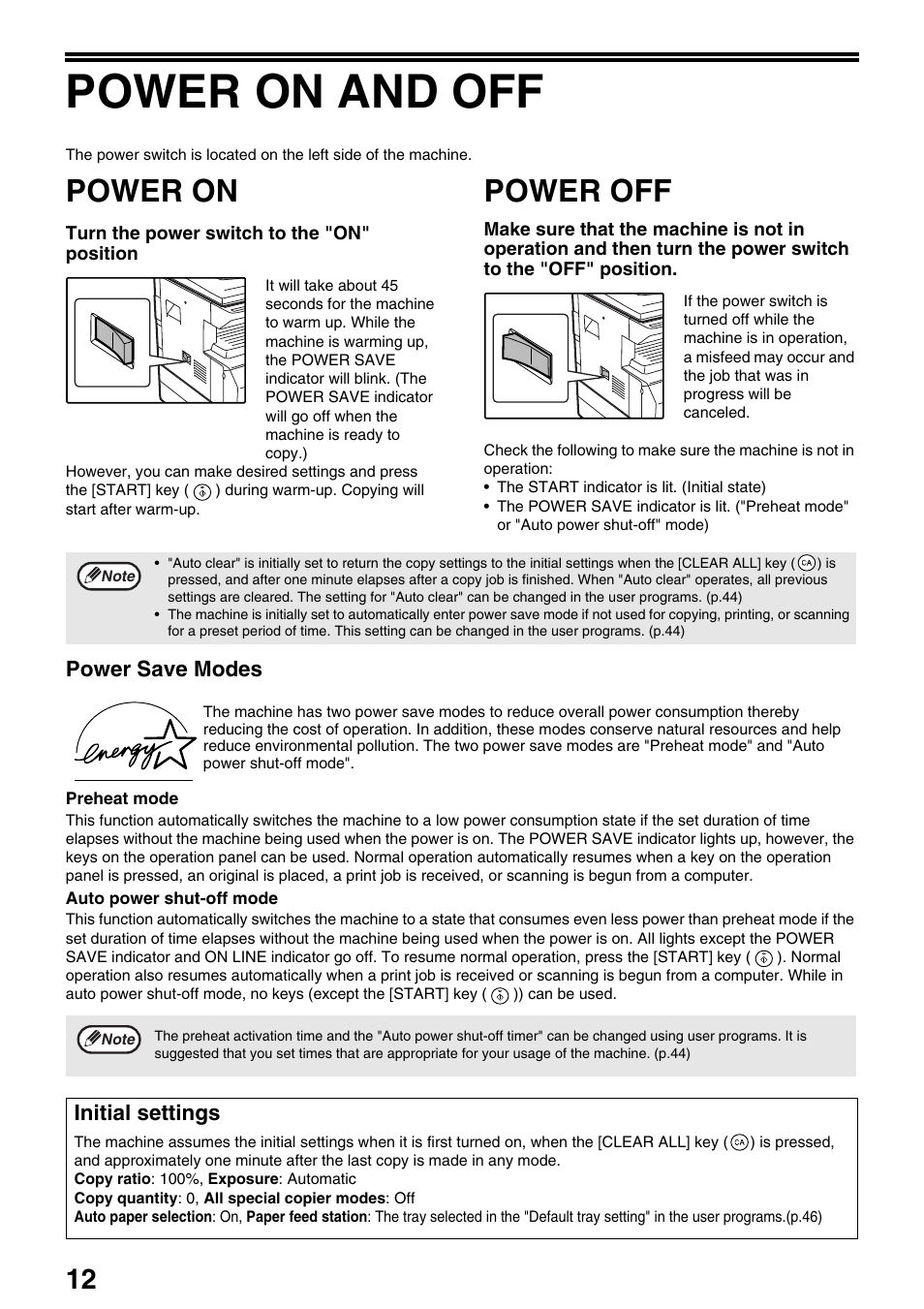 Power on and off, Power on, Power off | Power save modes, Initial settings | Sharp AR-M205 User Manual | Page 14 / 96
