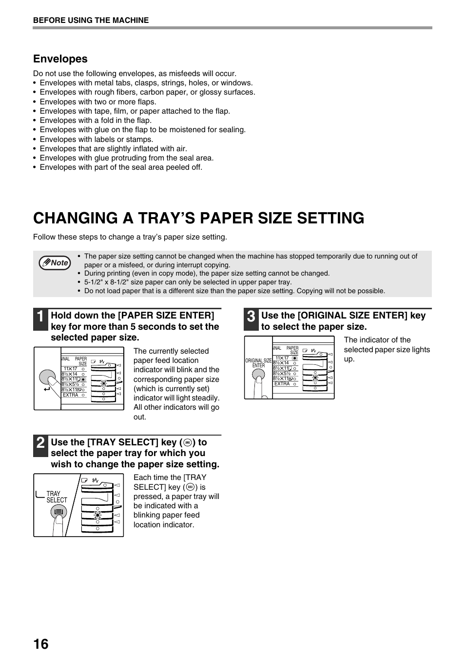 Changing a tray’s paper size setting, Envelopes | Sharp AR-M205 User Manual | Page 18 / 96
