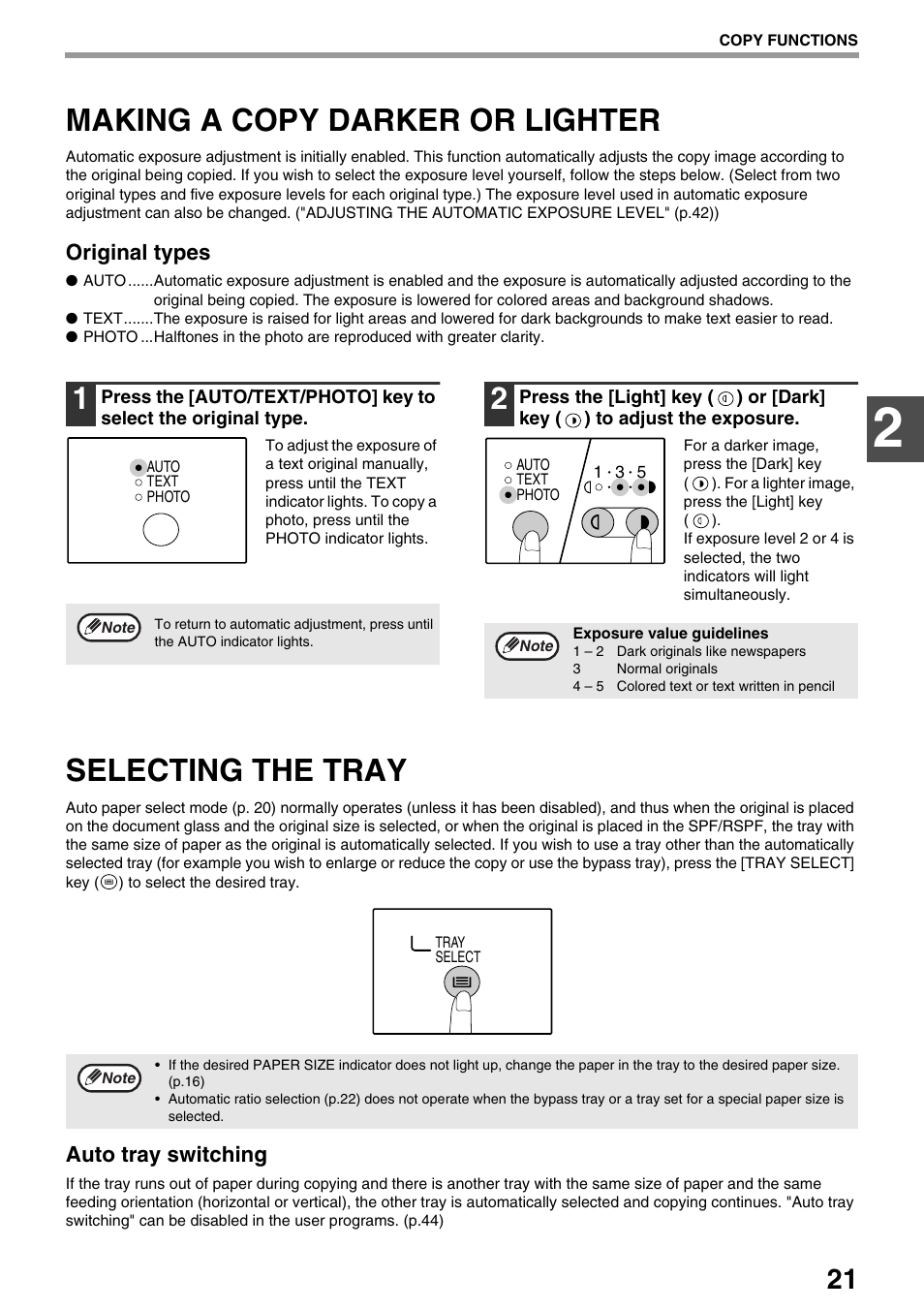 Making a copy darker or lighter, Selecting the tray | Sharp AR-M205 User Manual | Page 23 / 96