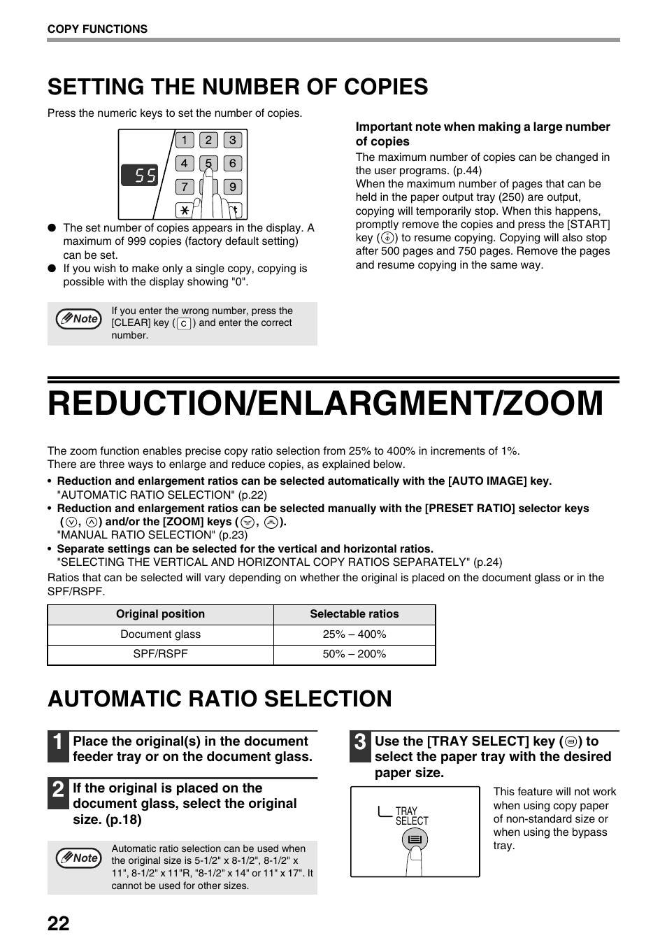 Reduction/enlargment/zoom, Setting the number of copies, Automatic ratio selection 1 | Sharp AR-M205 User Manual | Page 24 / 96