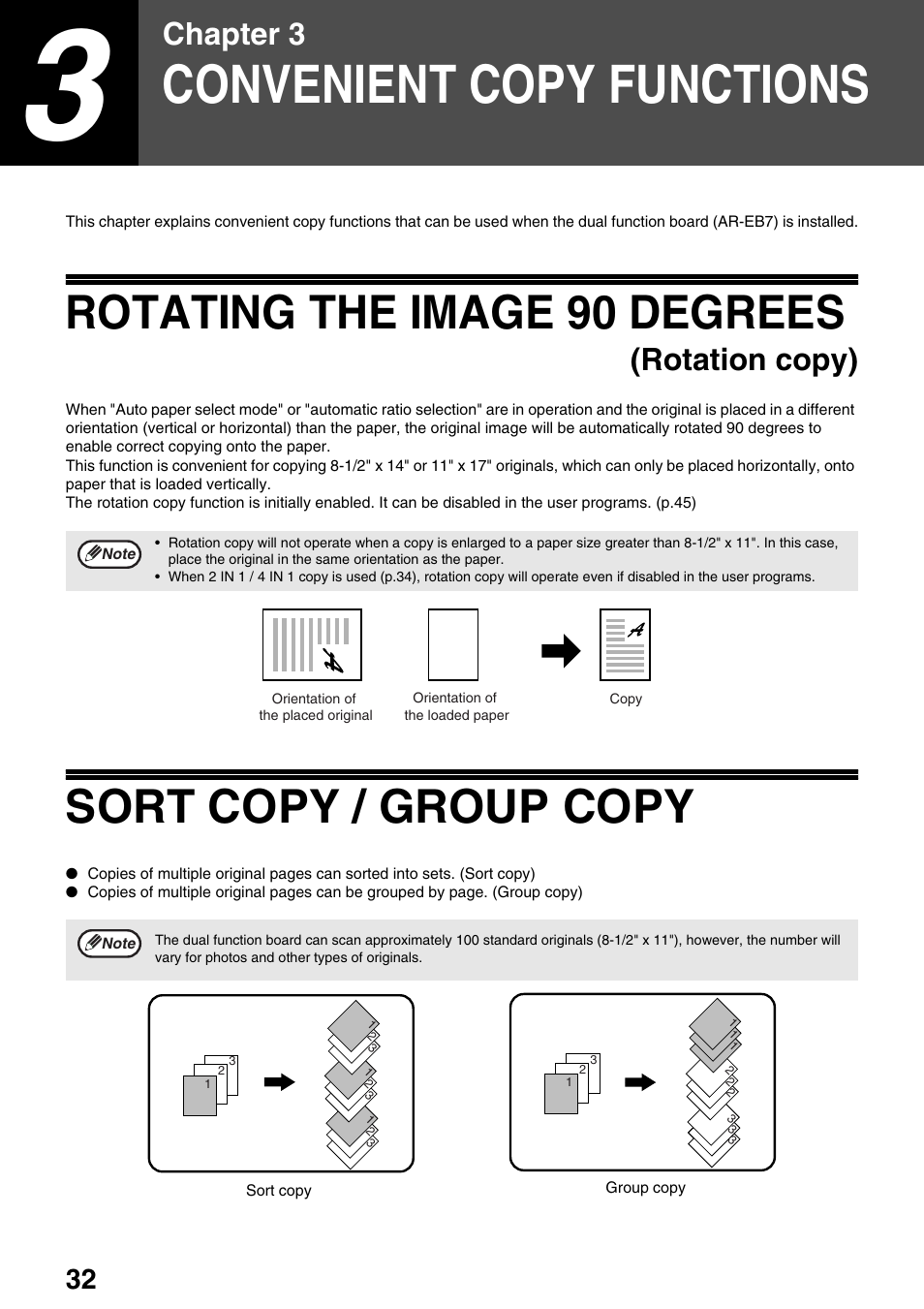 Convenient copy functions, Rotating the image 90 degrees, Sort copy / group copy | Chapter 3, Rotation copy) | Sharp AR-M205 User Manual | Page 34 / 96