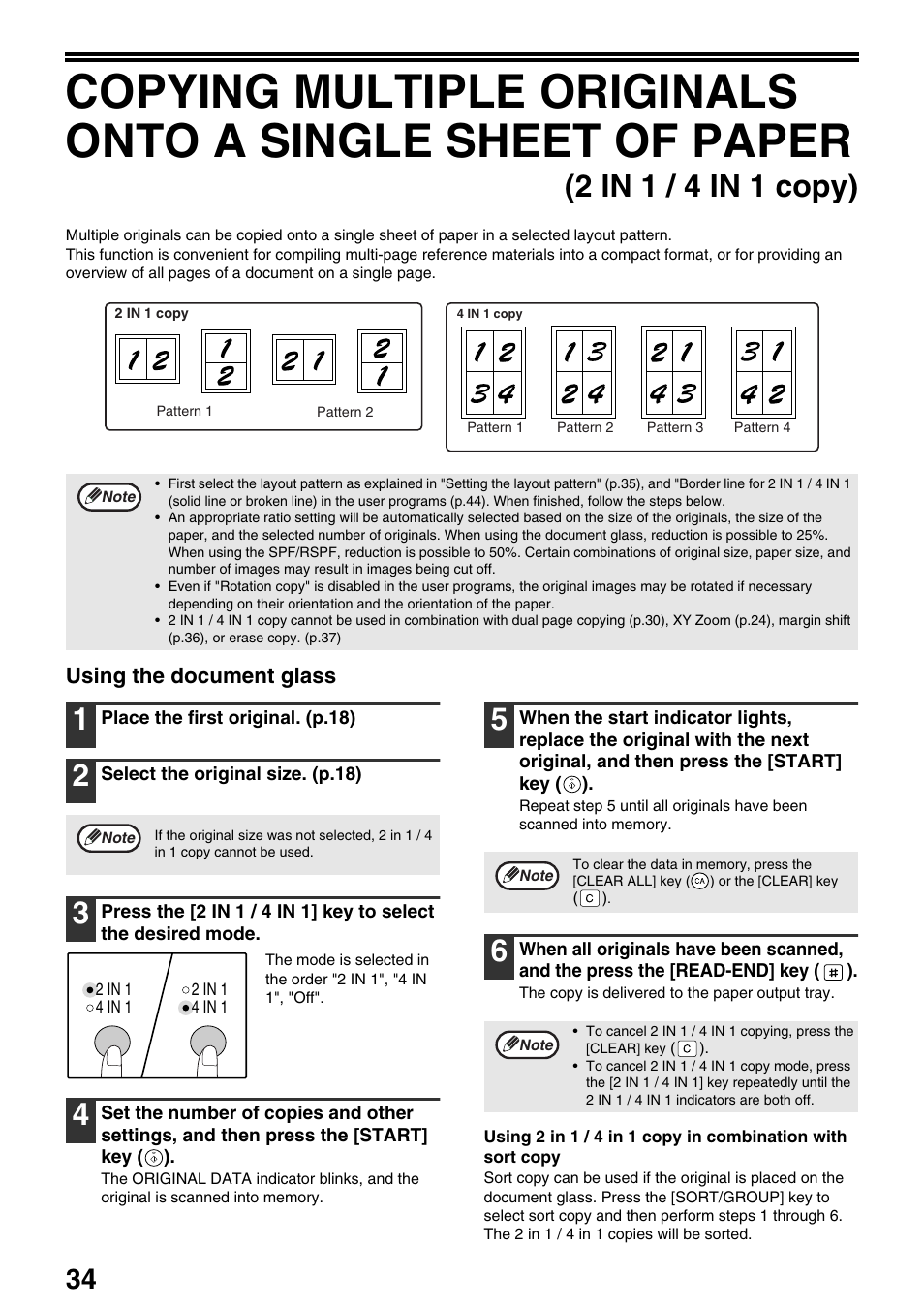 2 in 1 / 4 in 1 copy), Using the document glass | Sharp AR-M205 User Manual | Page 36 / 96