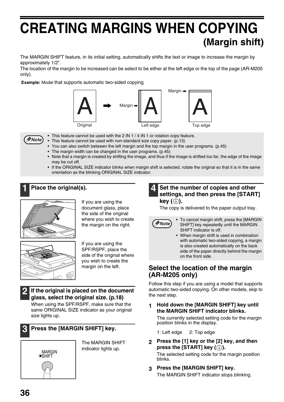 Creating margins when copying, Margin shift) | Sharp AR-M205 User Manual | Page 38 / 96