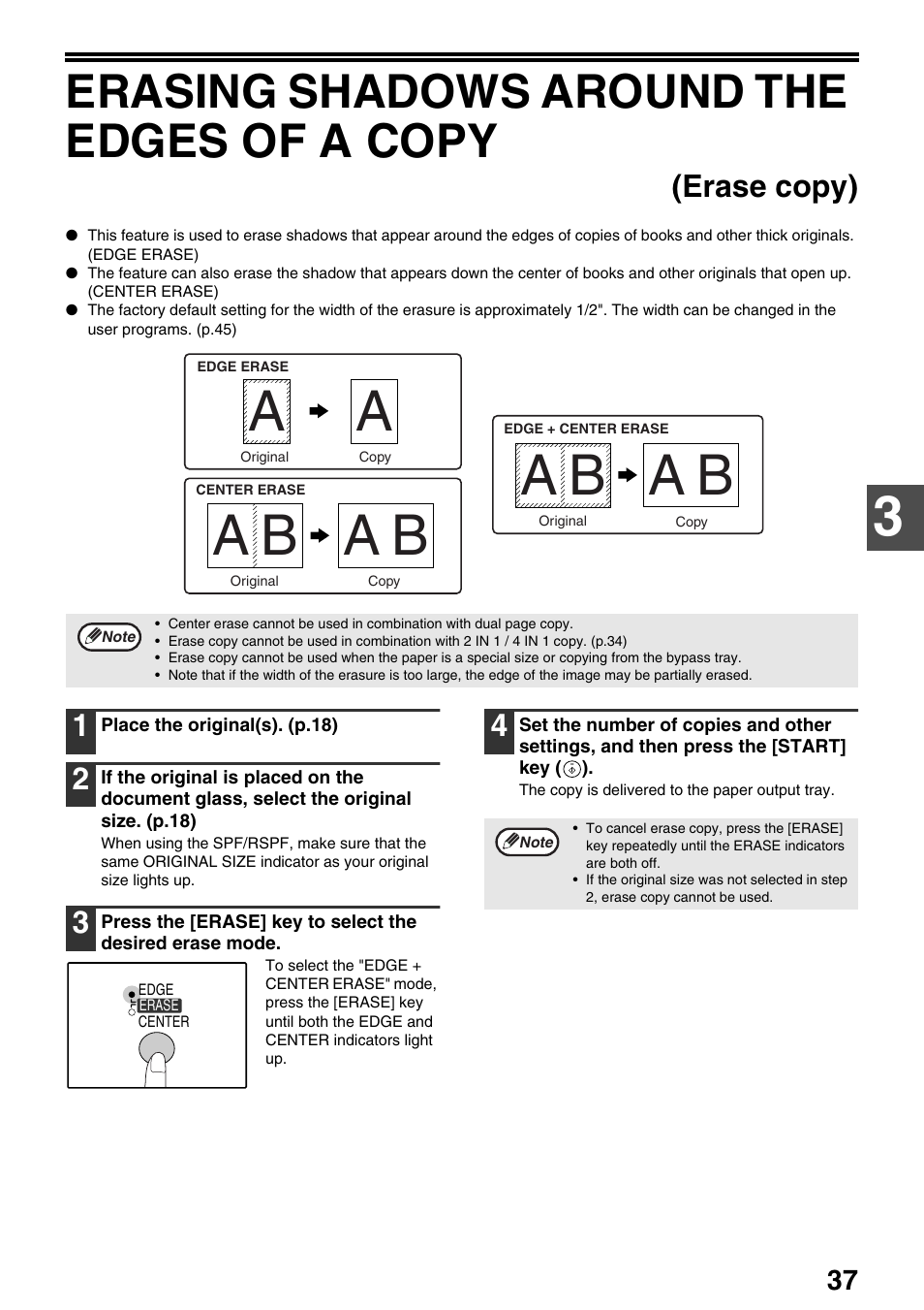 Erasing shadows around the edges of a copy, Erase copy) | Sharp AR-M205 User Manual | Page 39 / 96