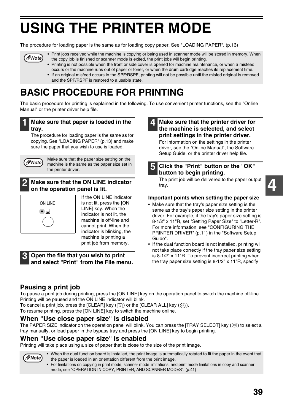 Using the printer mode, Basic procedure for printing | Sharp AR-M205 User Manual | Page 41 / 96