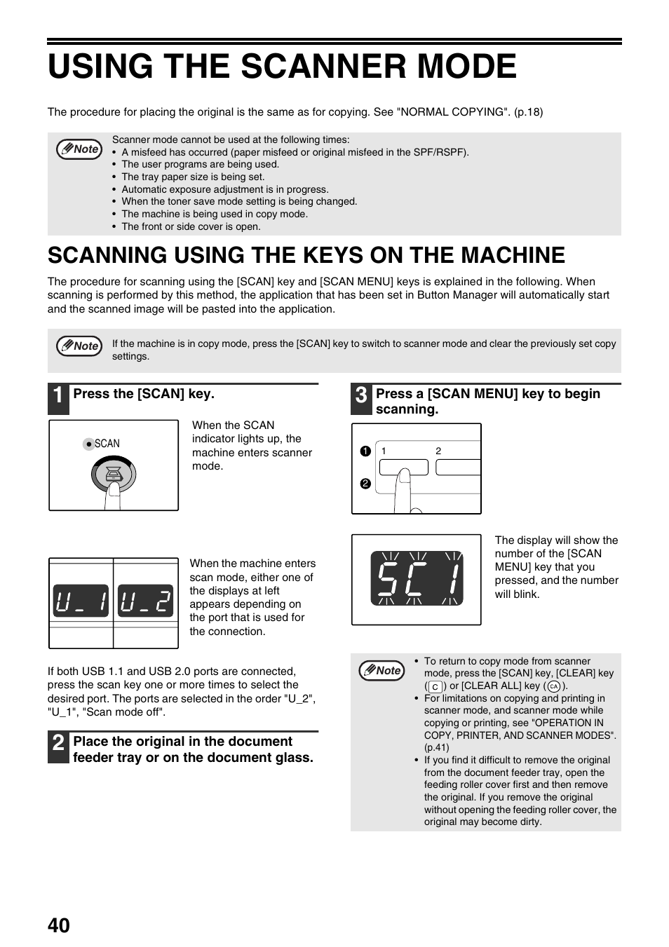 Using the scanner mode, Scanning using the keys on the machine | Sharp AR-M205 User Manual | Page 42 / 96