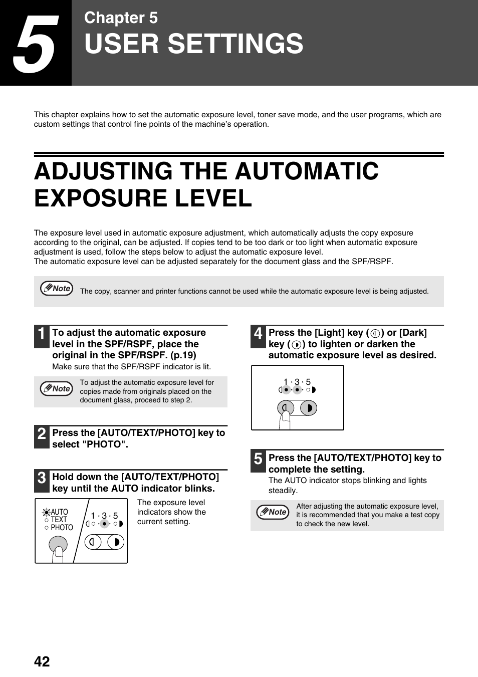 User settings, Adjusting the automatic exposure level, Chapter 5 | Sharp AR-M205 User Manual | Page 44 / 96