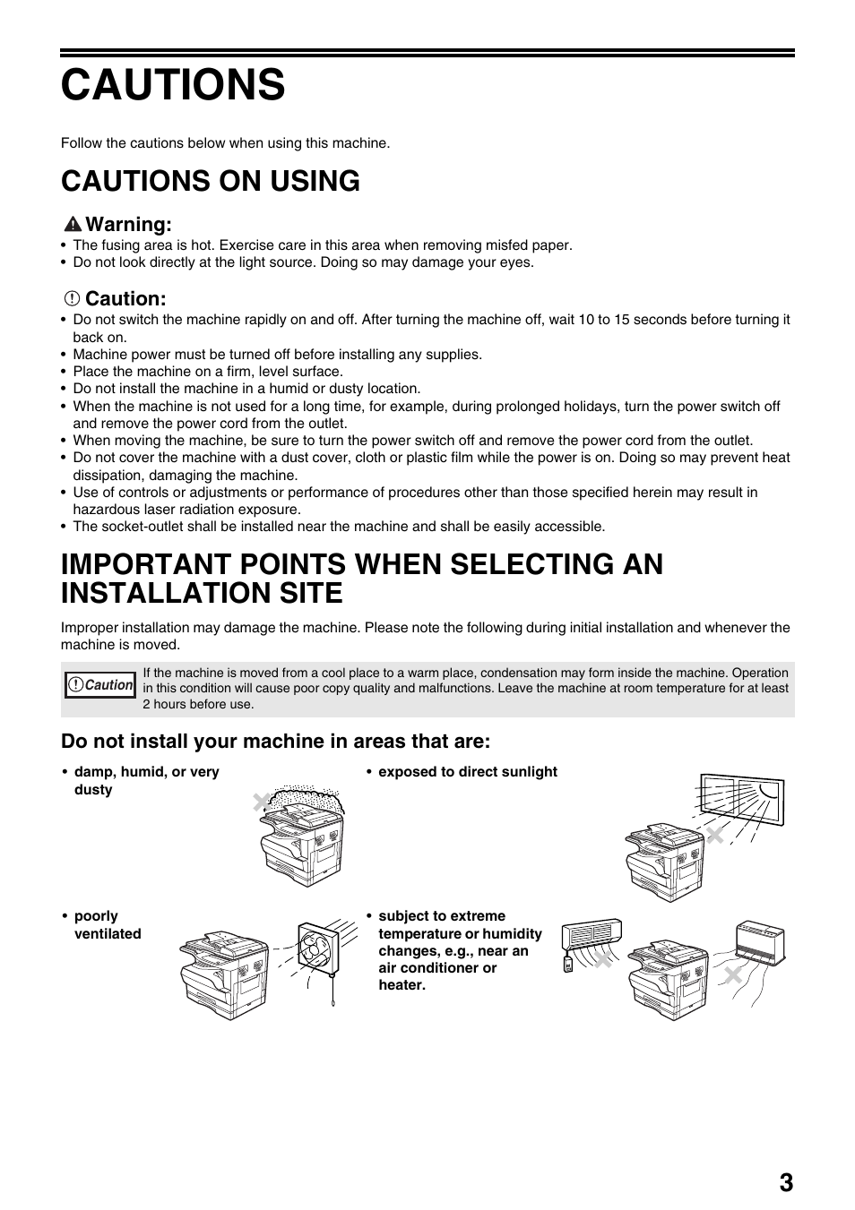 Cautions, Cautions on using | Sharp AR-M205 User Manual | Page 5 / 96
