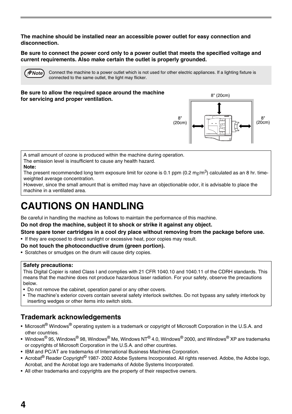 Cautions on handling, Trademark acknowledgements | Sharp AR-M205 User Manual | Page 6 / 96