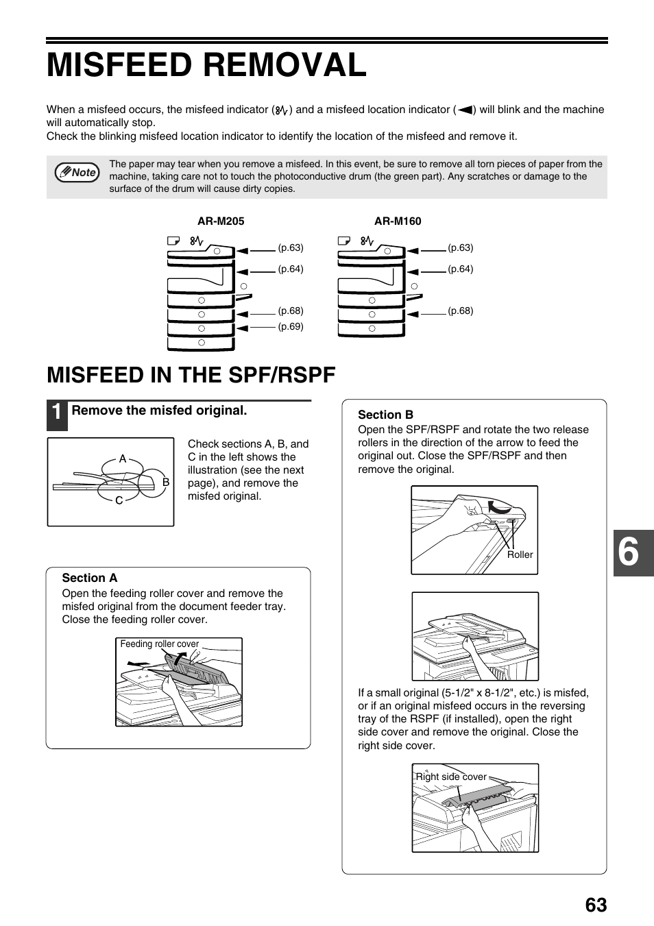 Misfeed removal, Misfeed in the spf/rspf 1 | Sharp AR-M205 User Manual | Page 65 / 96