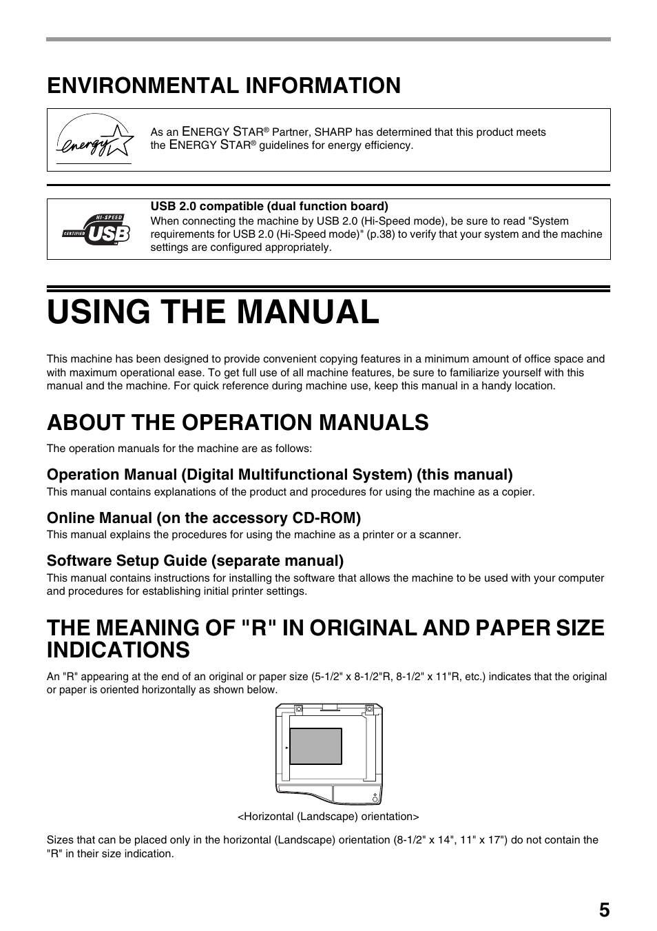 Using the manual, Environmental information, About the operation manuals | Sharp AR-M205 User Manual | Page 7 / 96