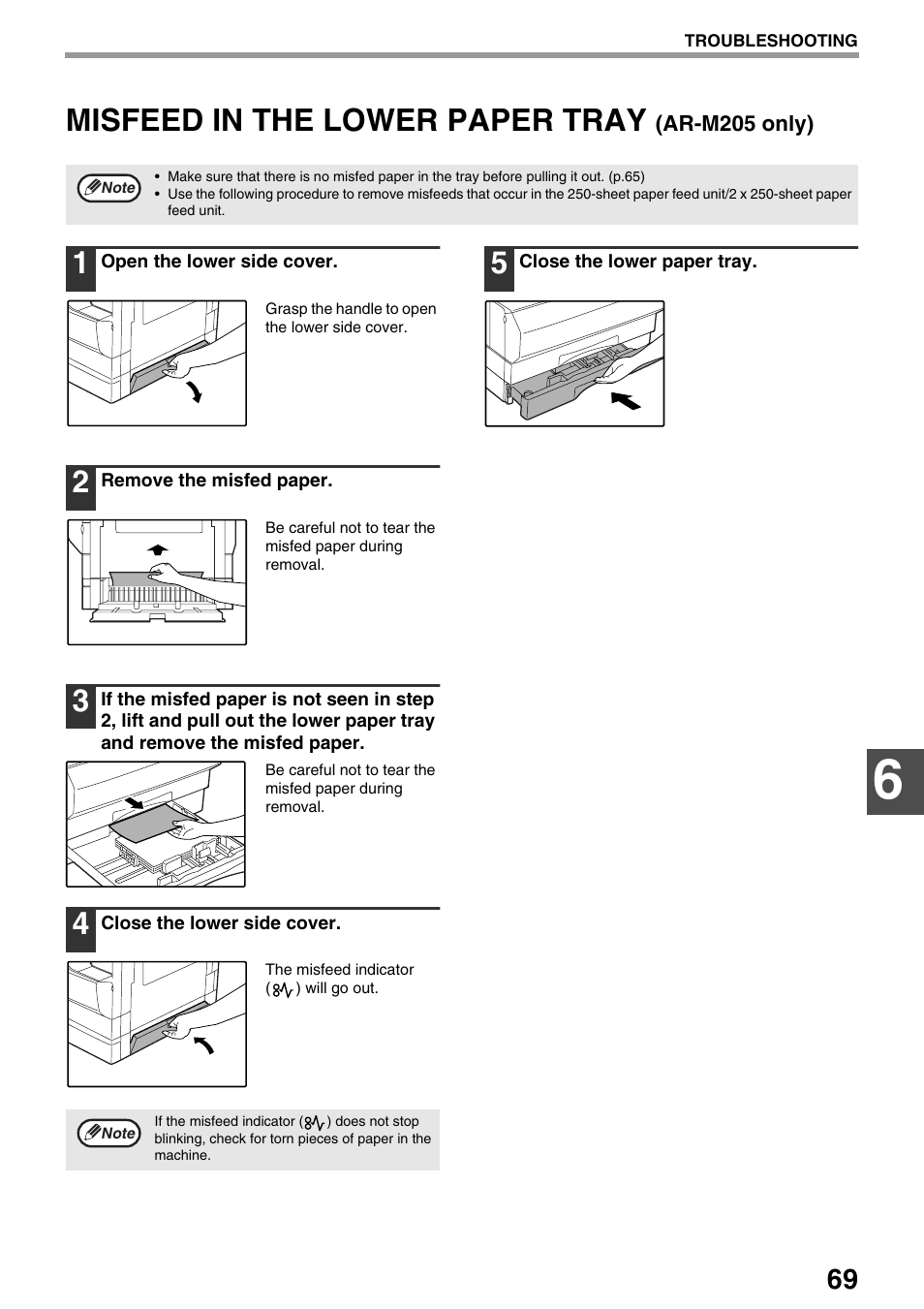 Misfeed in the lower paper tray | Sharp AR-M205 User Manual | Page 71 / 96