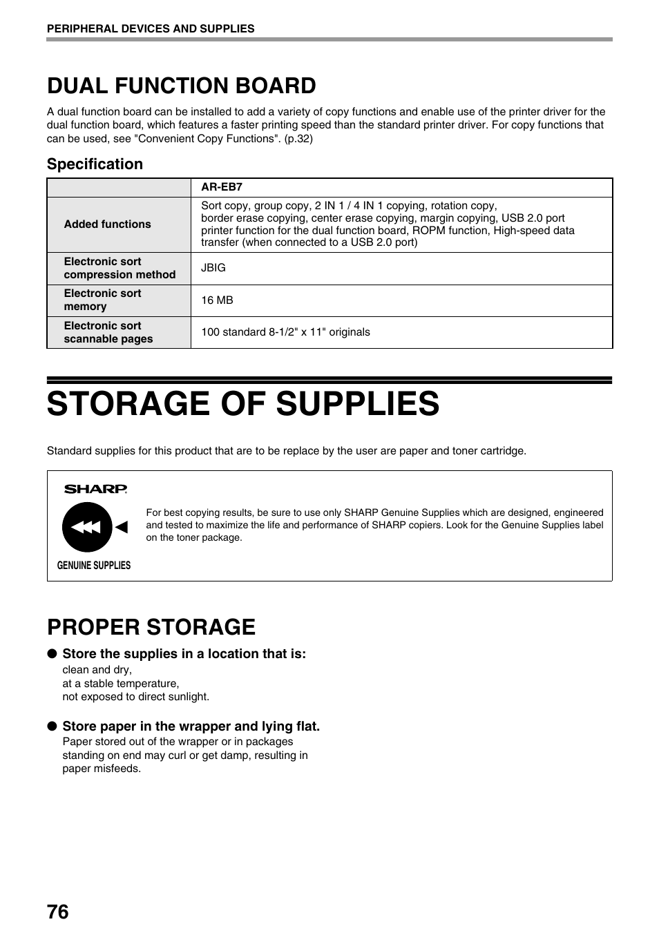 Storage of supplies, Dual function board, Proper storage | Sharp AR-M205 User Manual | Page 78 / 96