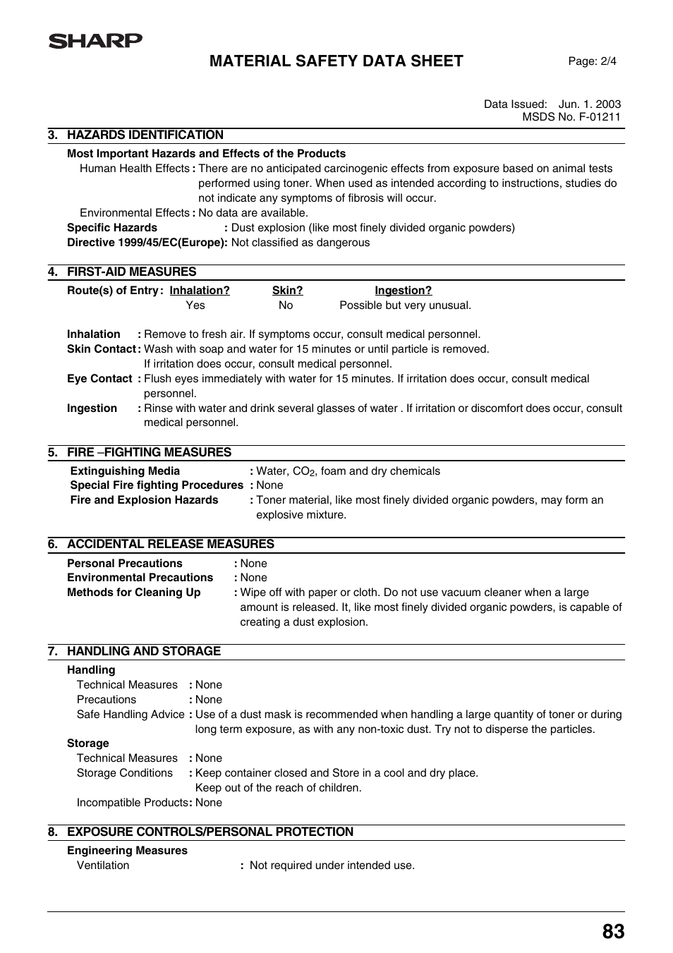 Material safety data sheet | Sharp AR-M205 User Manual | Page 85 / 96