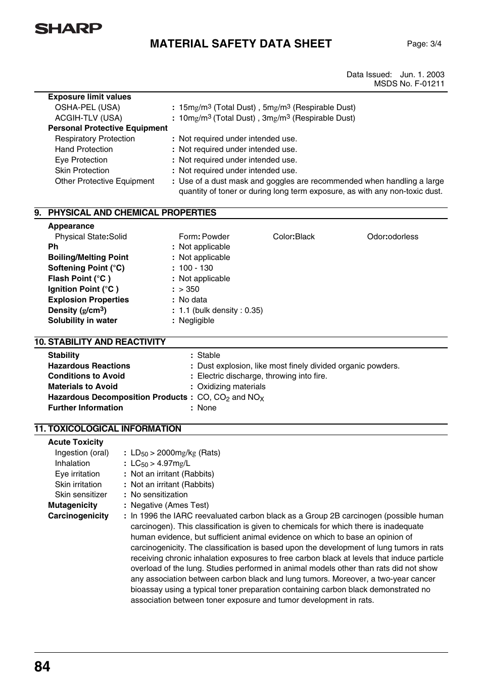 Material safety data sheet | Sharp AR-M205 User Manual | Page 86 / 96